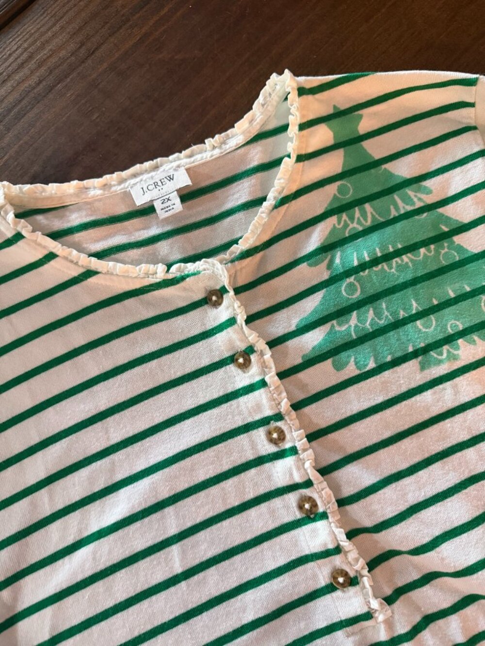 J Crew Shirt Womens 2X Green White Striped Christmas Wearable Art Cotton Top